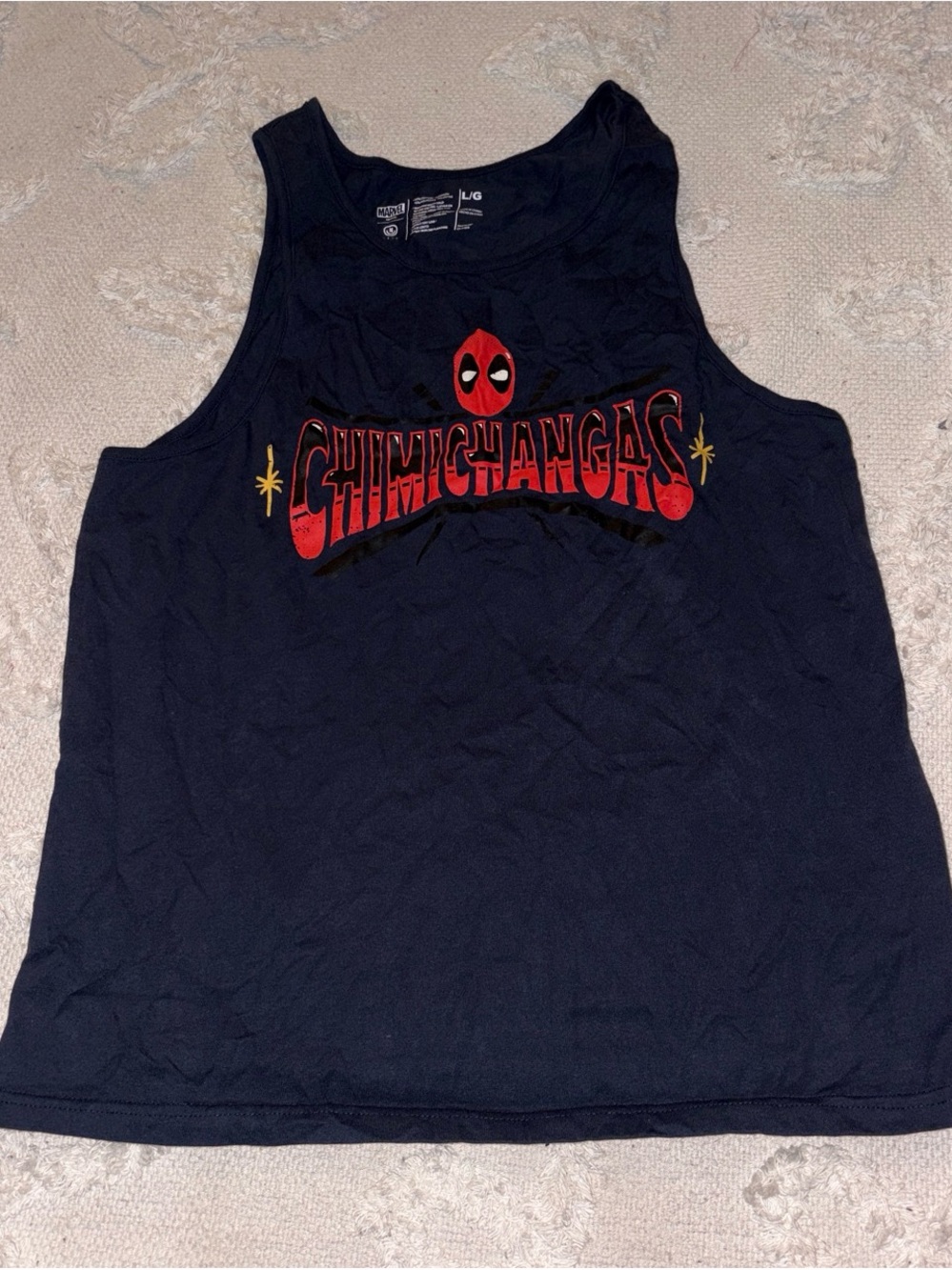 Marvel Navy Tank Top with Red Deadpool Chimichangas Graphic